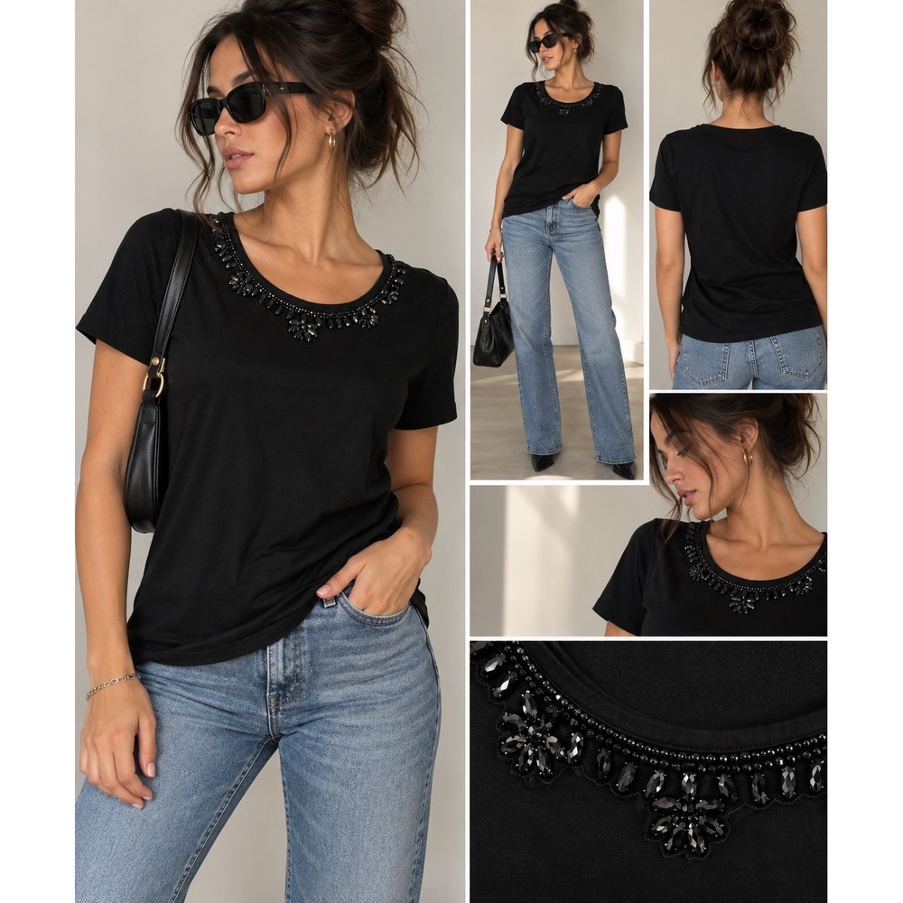 Lauren Ralph Lauren Black Embellished Scoop Neck Tee Short Sleeve Top XL